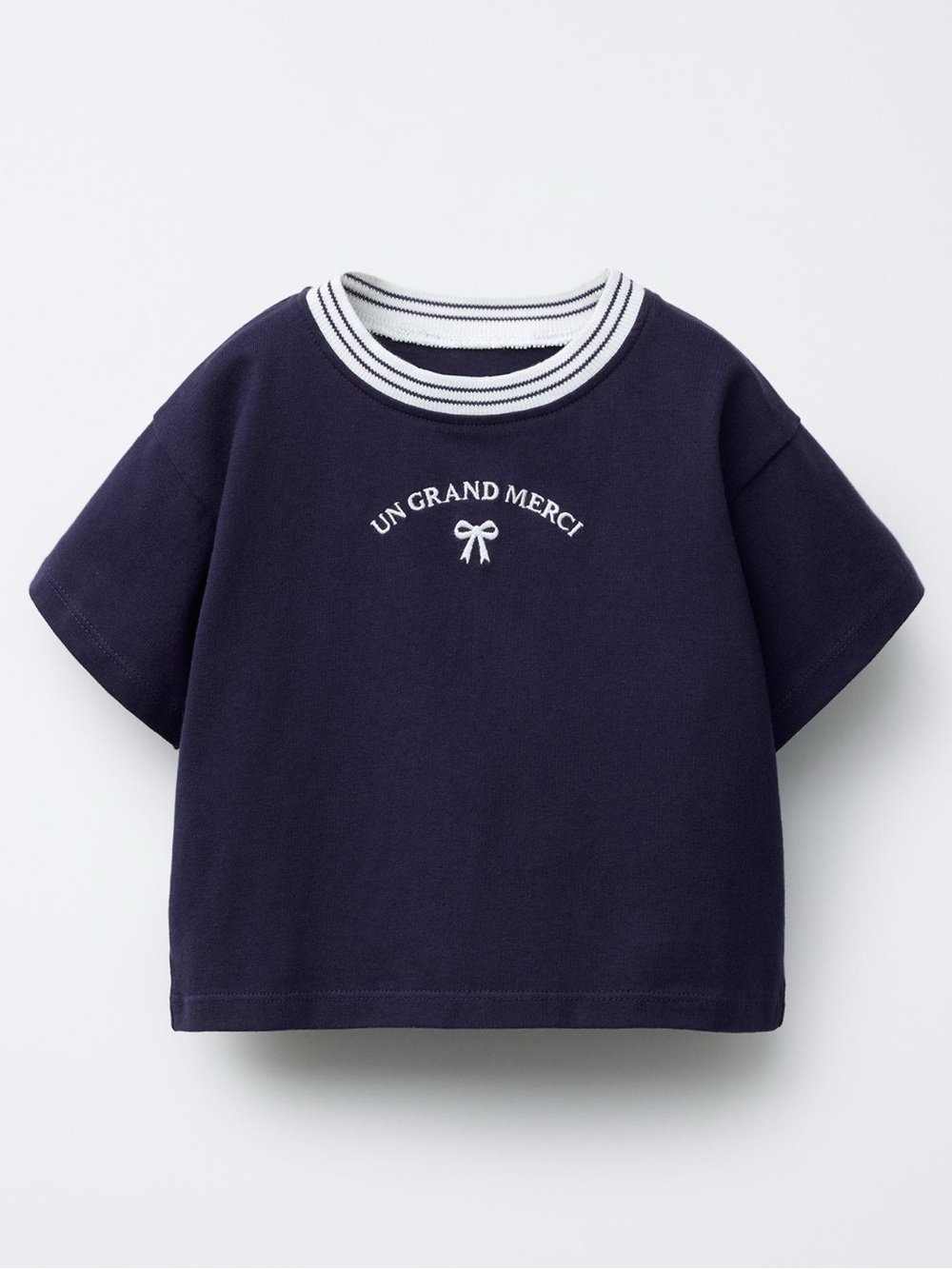 Zara Navy Short Sleeve Tee with Striped Collar